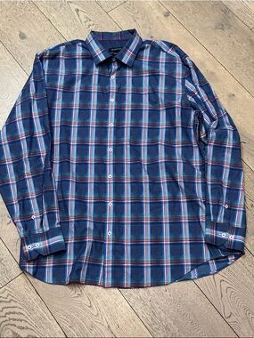 Men’s Bugatchi blue,red plaid window pane log sleeve shirt. XXL. Classic fit.